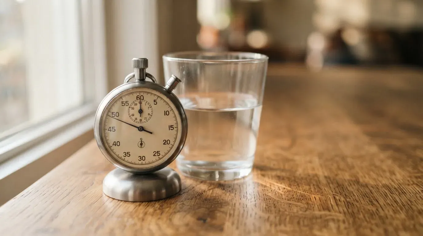 Eine Stoppuhr aus Metall liegt auf einem Holztisch neben einem Glas Wasser, das Licht fällt von der Seite durch ein Fenster.
