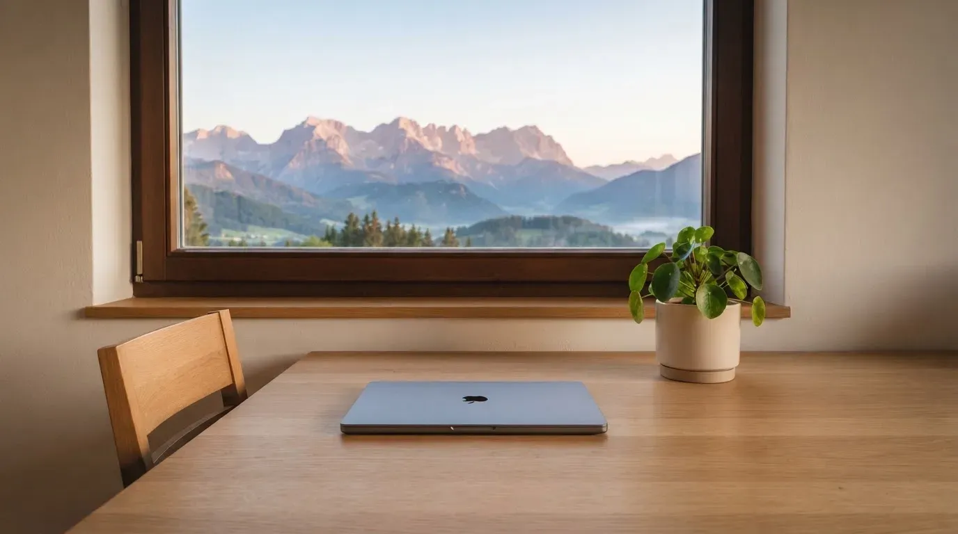 Ein Schreibtisch mit einem geschlossenen Laptop und einer Zimmerpflanze vor einem Fenster mit Blick auf eine Bergkette im Morgenlicht.