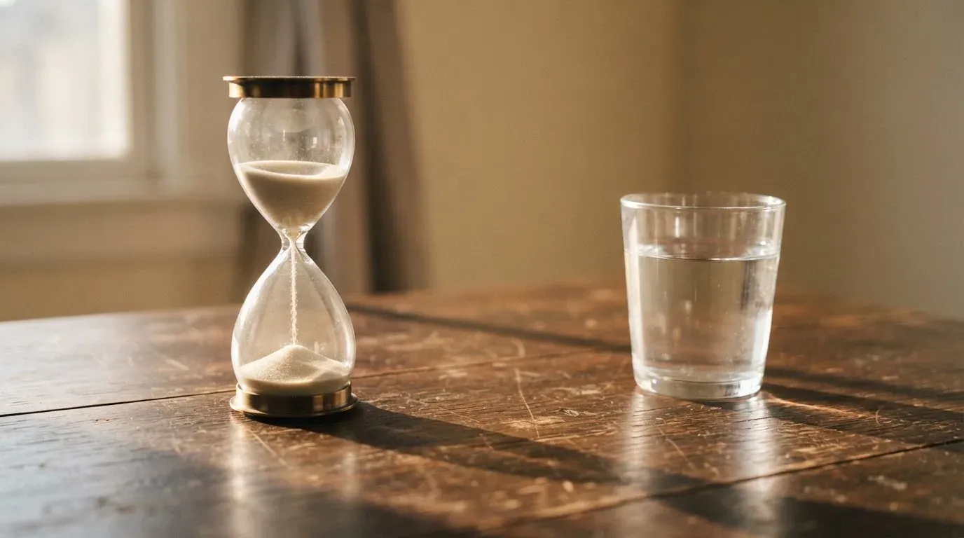 Eine Sanduhr steht auf einem Holztisch neben einem Glas Wasser, schräges Morgenlicht wirft einen langen Schatten über die Tischplatte.