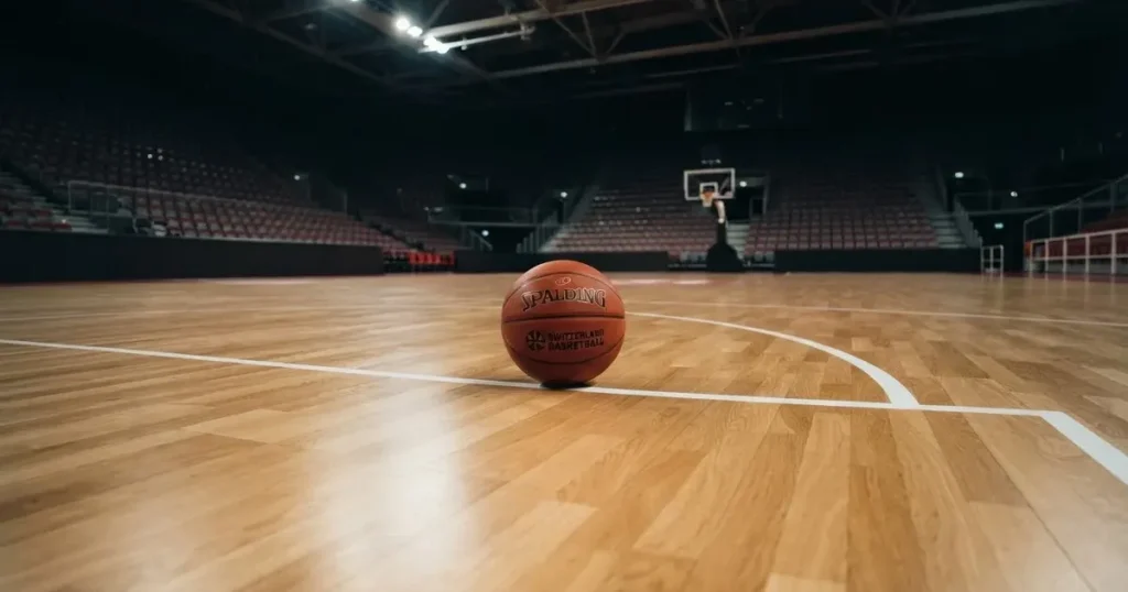 Ein orangefarbener Basketball liegt auf dem Parkett einer leeren Halle unter hellem Flutlicht, die Tribünen sind dunkel.