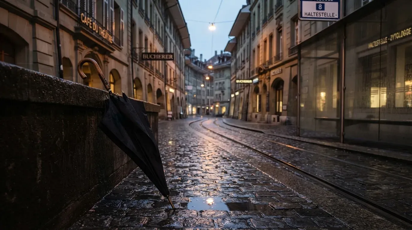 Eine Tramhaltestelle bei Regen in einer Altstadtgasse, das Kopfsteinpflaster glänzt und ein einzelner Regenschirm lehnt an einem Mäuerchen.