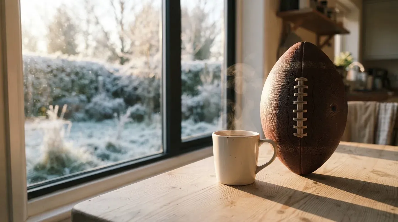 Ein Kaffeebecher und ein Football stehen auf einem Küchentisch am Morgen, durch das Fenster sieht man einen Garten mit Raureif.