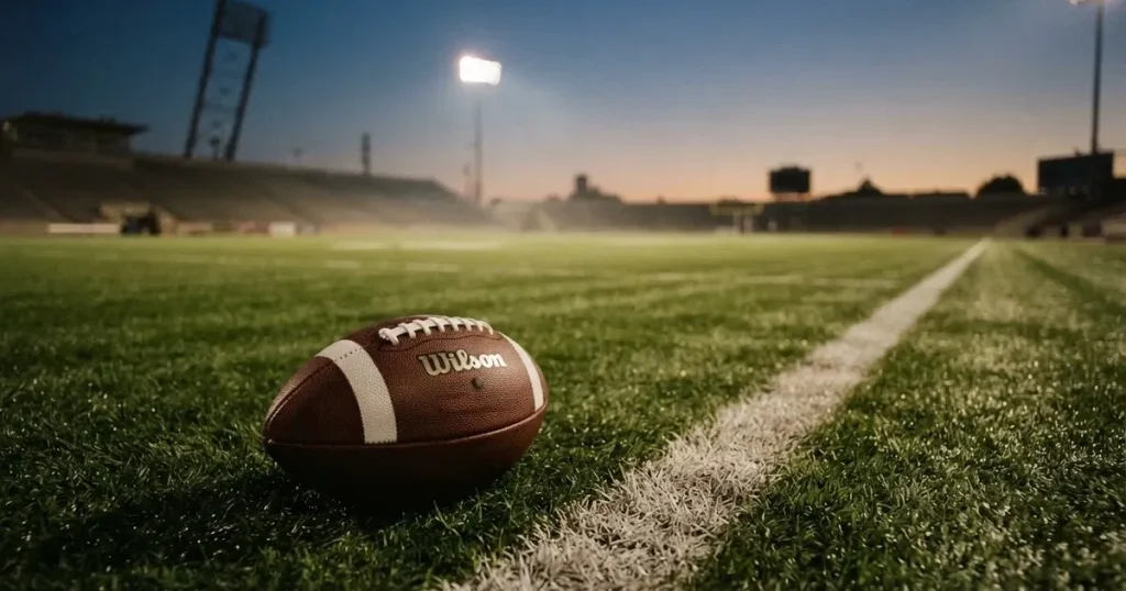 Ein ovaler Football liegt auf frisch gemähtem Rasen neben einer weissen Linie, im Hintergrund stehen leere Flutlichtmasten im Abendlicht.