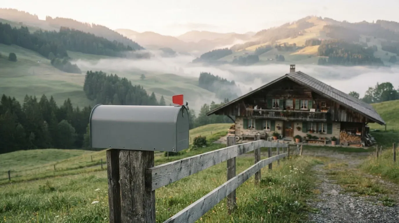 Ein Briefkasten an einem Holzzaun vor einem Bauernhaus in einer Hügellandschaft, auf den Wiesen liegt Frühnebel.