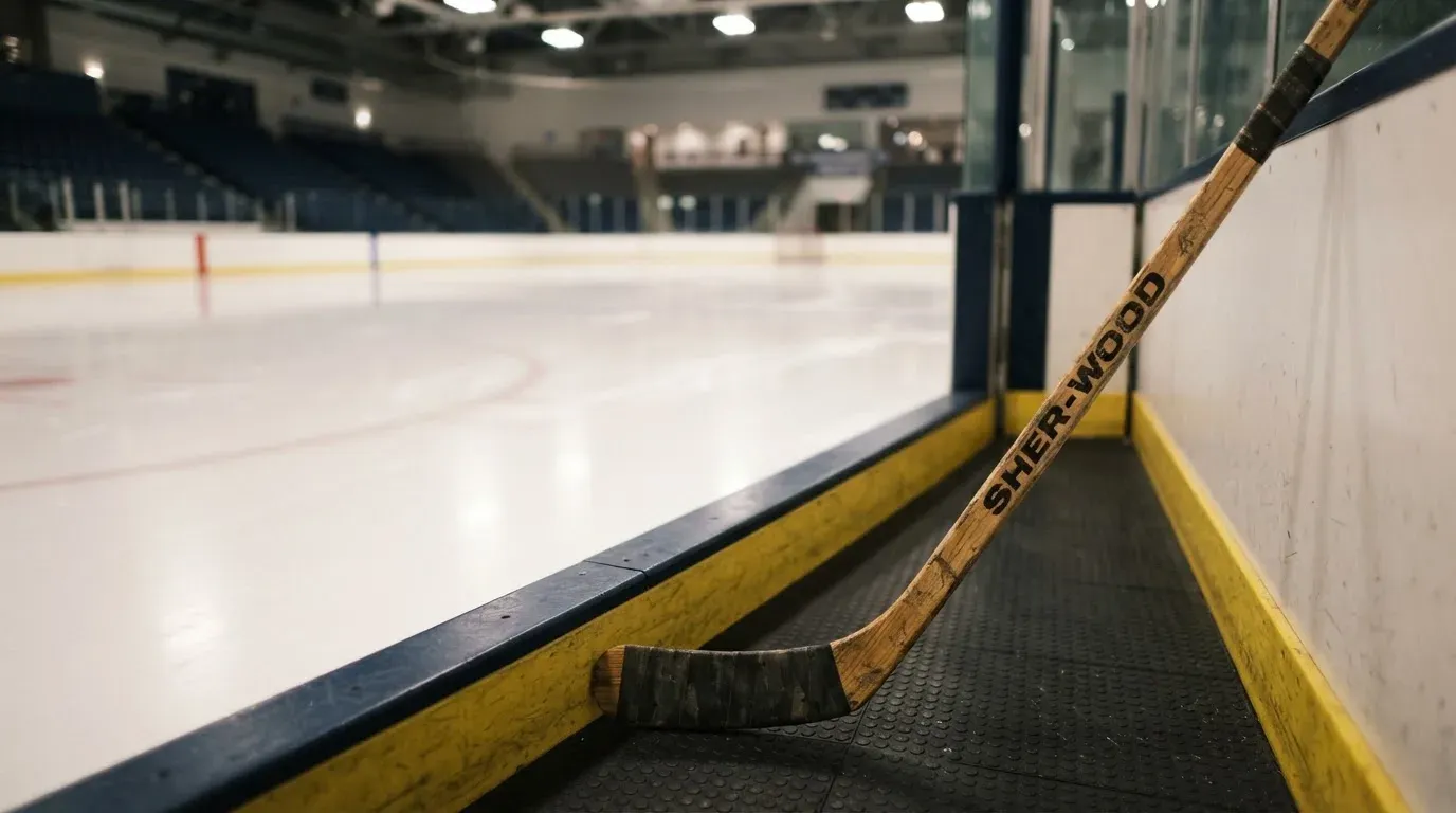 Ein Eishockeyschläger lehnt an der Bande, in der Ferne liegt die hell beleuchtete Eisfläche einer Halle unter Flutlicht.