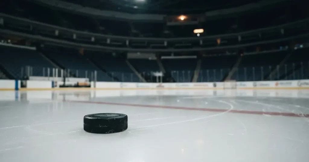 Ein Eishockeypuck liegt auf einer glatten Eisfläche, im Hintergrund erheben sich die dunklen Ränge einer leeren Halle.