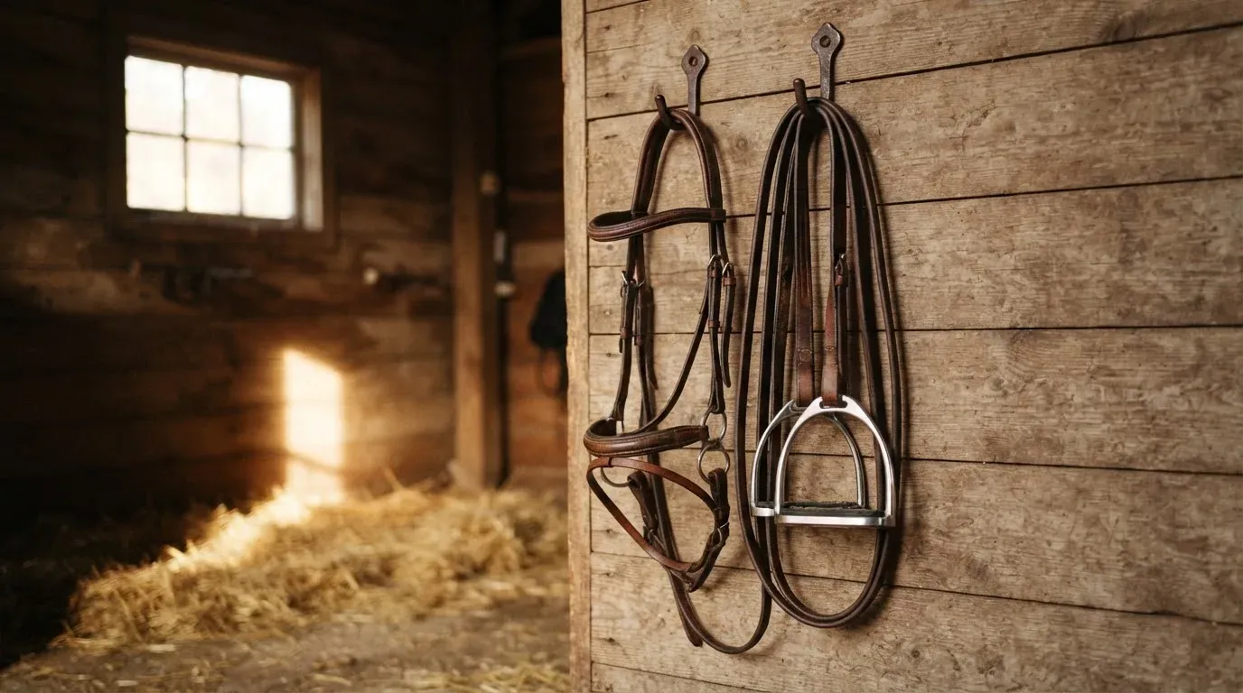 Lederne Steigbügel und ein Zügel hängen an einer Holzwand in einem ruhigen Stall, Heu liegt im Licht eines kleinen Fensters.