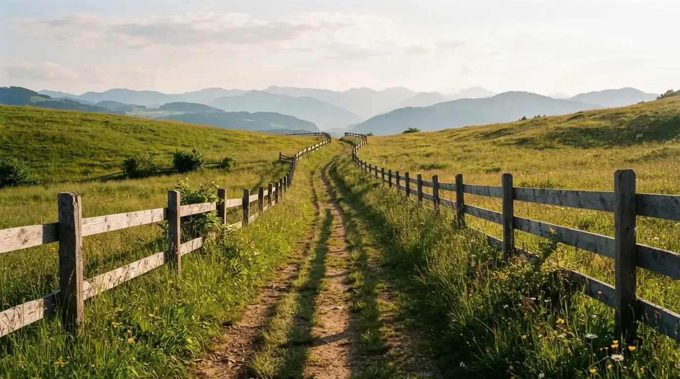 Ein Feldweg führt zwischen Weiden mit Holzzaun auf eine Hügelkette zu, über den Wiesen liegt weiches Abendlicht.