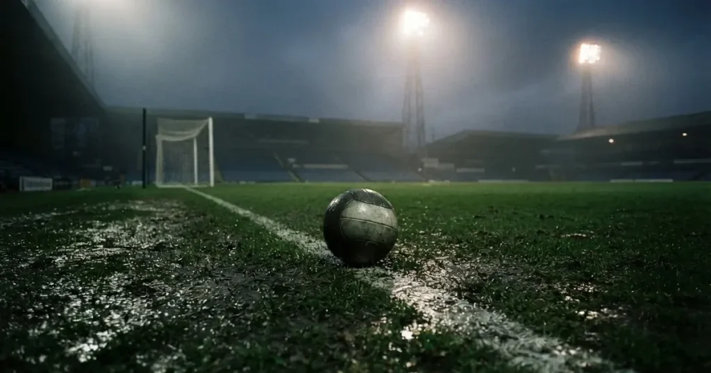 Ein Fussball liegt auf der Strafraumlinie eines nassen Rasens, dahinter stehen Flutlichtmasten im aufsteigenden Nebel.