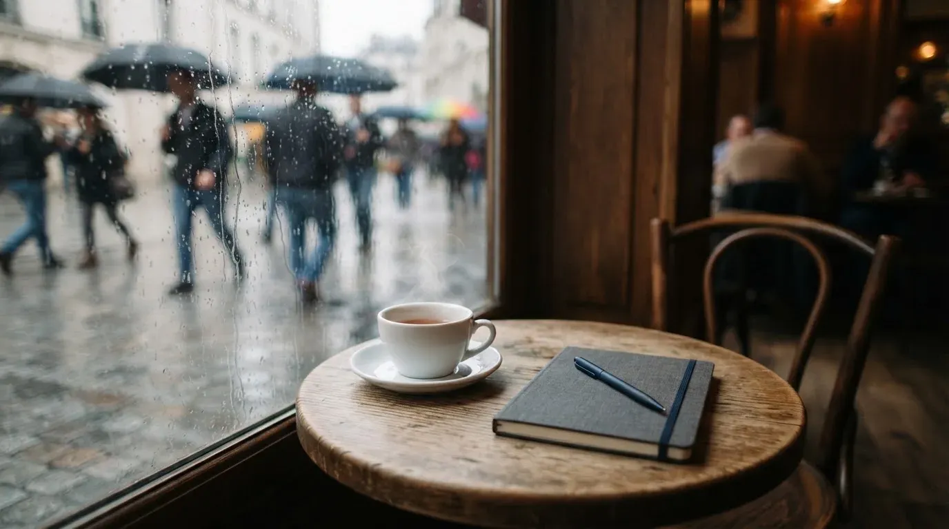 Ein Café-Tisch am Fenster mit einer Teetasse, draussen ein nasser Gehweg und Passanten mit Regenschirmen in unscharfer Ferne.