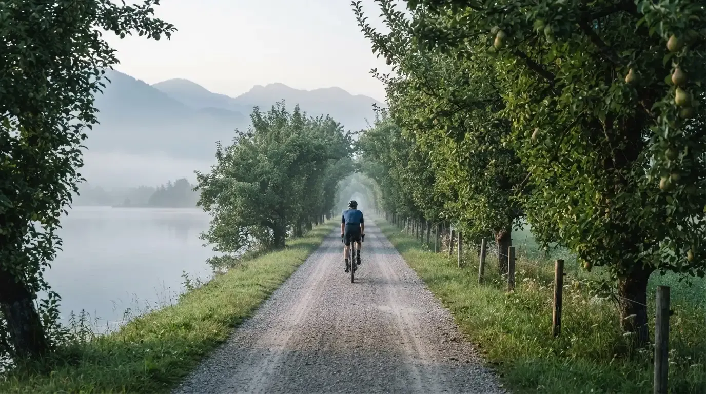 Ein langer Kiesweg zwischen Obstbäumen am Seeufer, im Hintergrund die Silhouette von Bergen im Dunst eines frühen Morgens.
