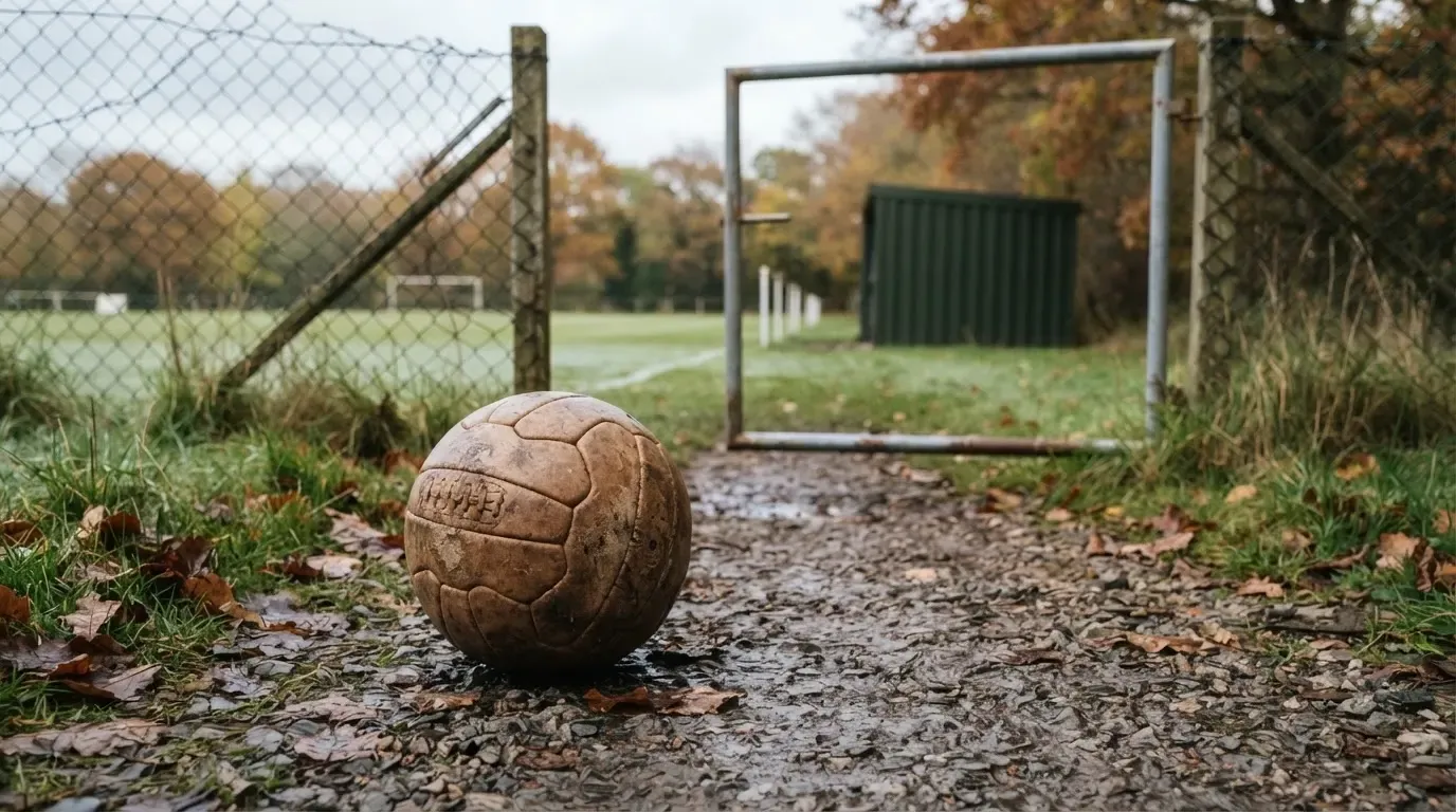 Ein abgenutzter Fussball liegt auf einem Kiesweg neben dem Eingang eines Vereinsplatzes, Laub liegt auf dem Boden.