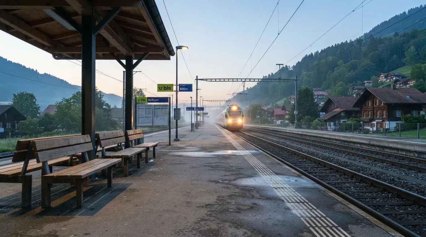Ein Bahnsteig mit leeren Bänken an einem Regionalbahnhof am Morgen, ein Zug fährt in der Ferne ein.