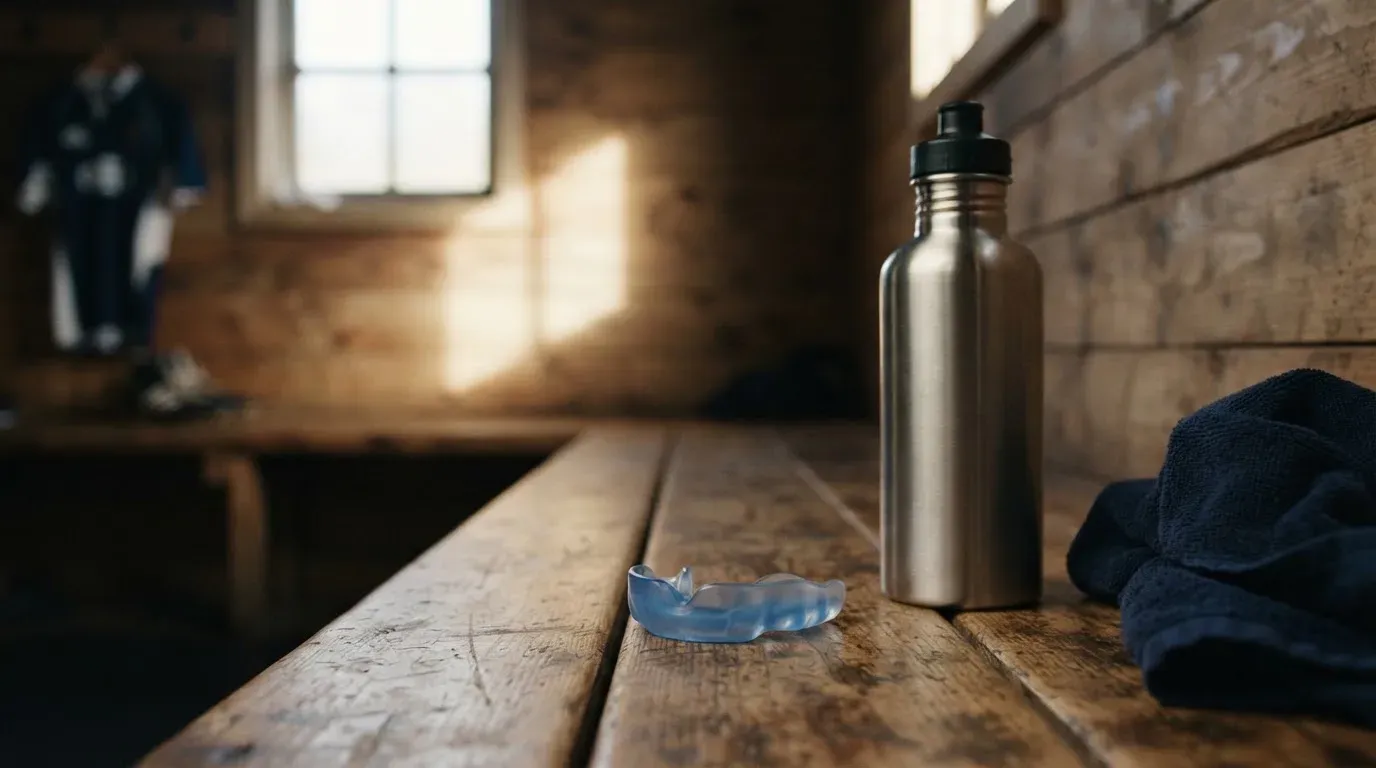 Ein Mundschutz liegt auf einer Holzbank neben einer Trinkflasche in einer schlichten Kabine, durch das Fenster fällt Morgenlicht.