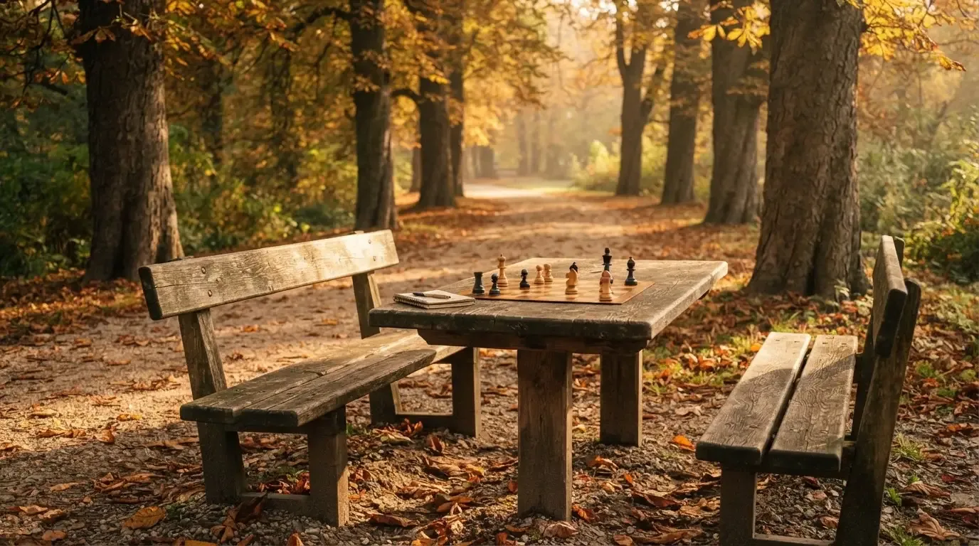 Ein Parkbank-Tisch mit eingelassenem Spielfeld unter alten Kastanien, auf den Wegen liegt Laub und die Sonne steht tief.