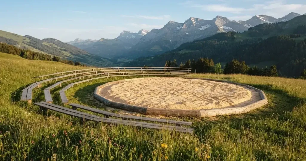 Ein kreisrunder Sägemehlring auf einer Wiese in den Voralpen, leere Holzbänke ringsum, im Hintergrund Berge im Morgenlicht.