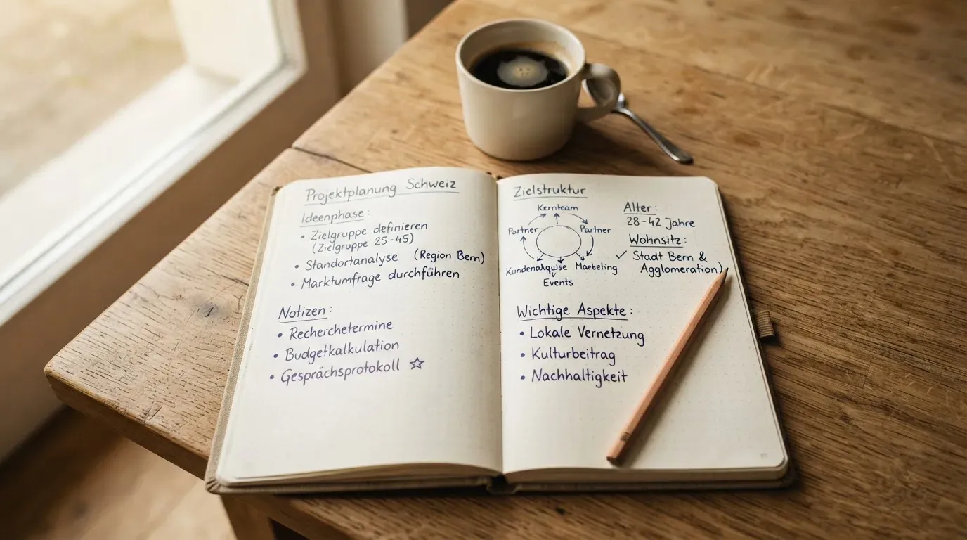 Ein aufgeschlagenes Notizbuch mit handschriftlichen Skizzen neben einem Bleistift und einer Kaffeetasse auf einem Holztisch.