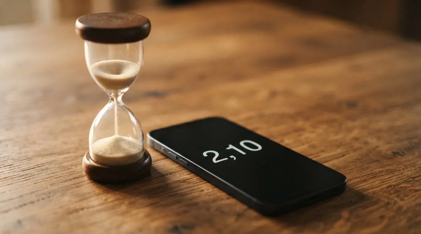 Eine Sanduhr steht auf einem Holztisch neben einem umgedrehten Smartphone, warmes Licht fällt von der Seite ein.
