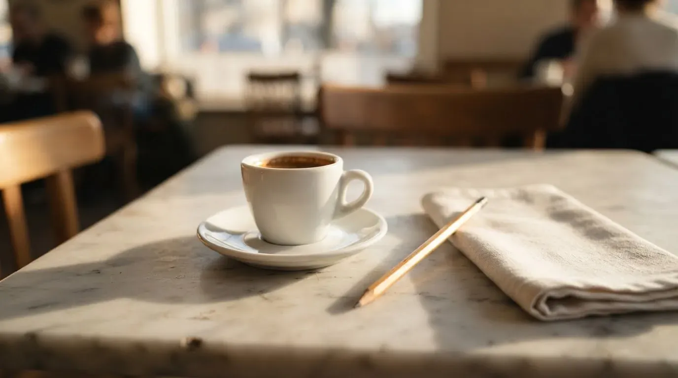 Eine Espressotasse und ein Bleistift liegen auf einem Caféhaustisch neben einer gefalteten Stoffserviette im Licht der Morgensonne.