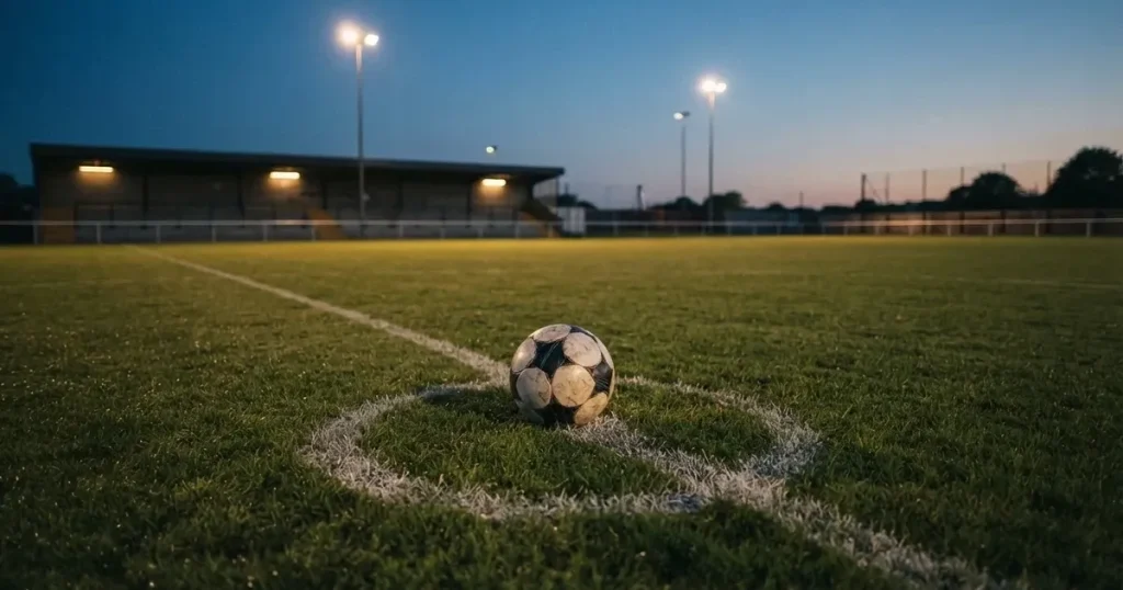 Ein Fussball liegt auf dem Anstosspunkt eines leeren Rasenplatzes in der Abenddämmerung, dahinter leuchten Flutlichtmasten über einer Tribüne.