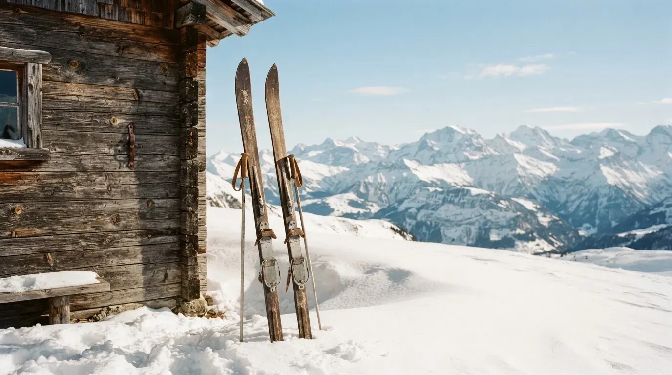 Zwei Skier stecken aufrecht im Schnee neben einer Holzhütte, dahinter ein weites Alpenpanorama bei klarem Himmel.