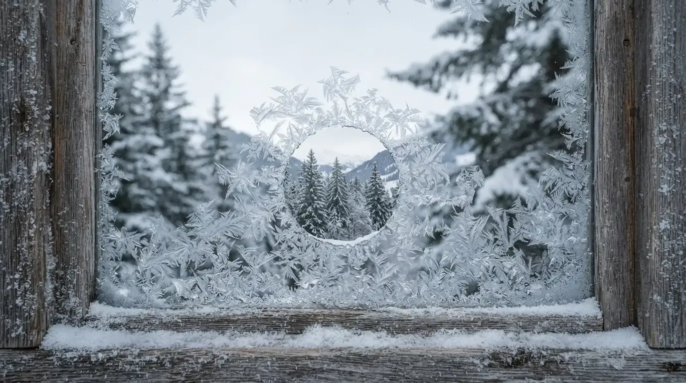 Ein vereistes Fenster einer Berghütte mit Blick auf verschneite Tannen im blassen Winterlicht.