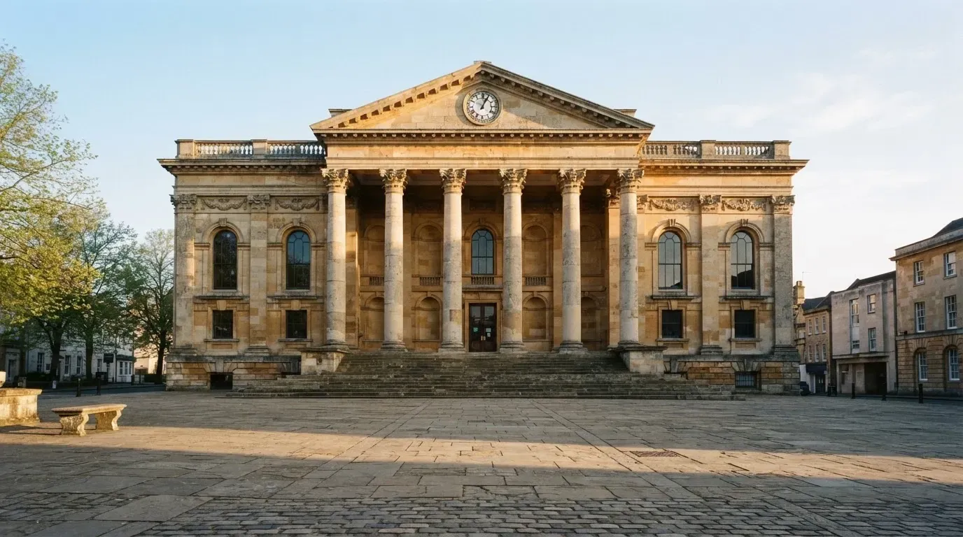 Die Fassade eines Steingebäudes mit Säulen an einem ruhigen Platz im Morgenlicht, ohne Menschen davor.
