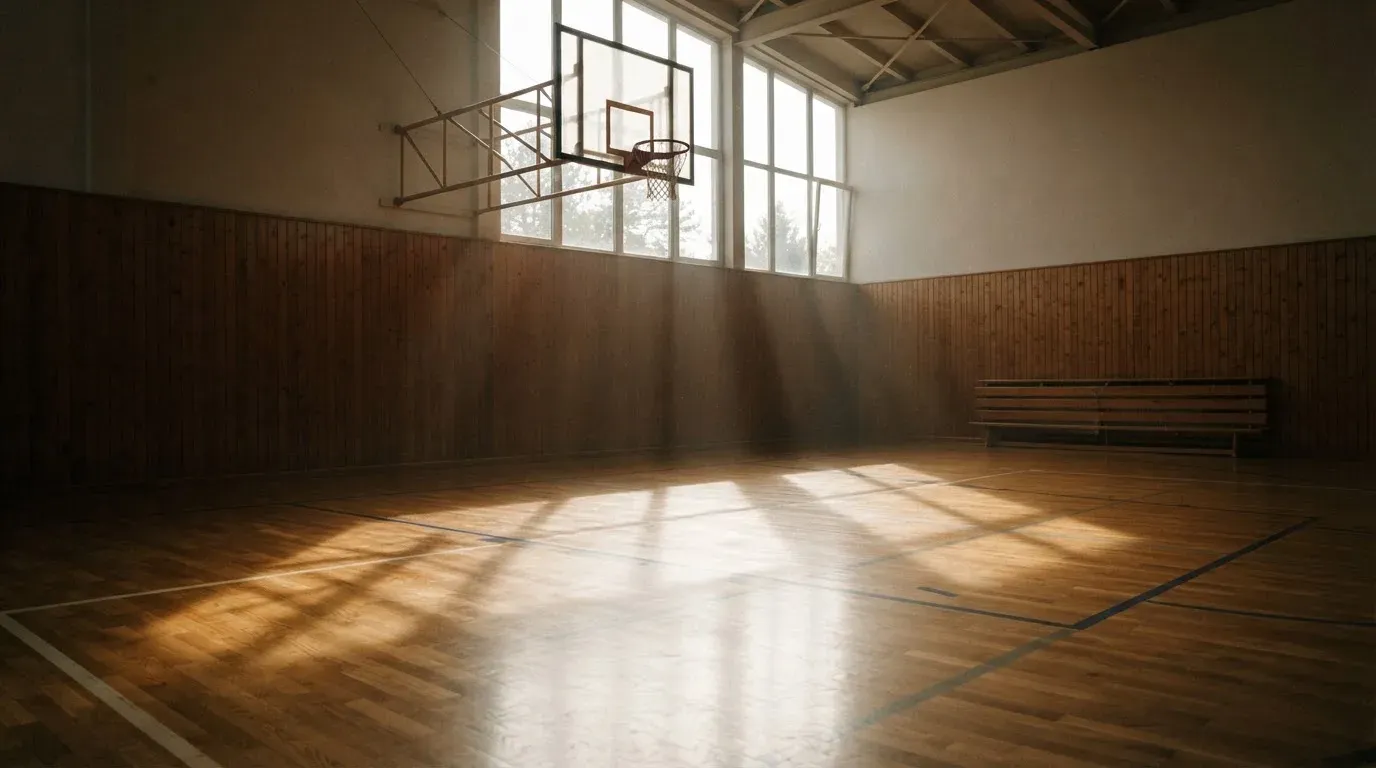 Ein Basketballkorb hängt in einer leeren Turnhalle, durch hohe Fenster fällt Licht auf das Holzparkett.