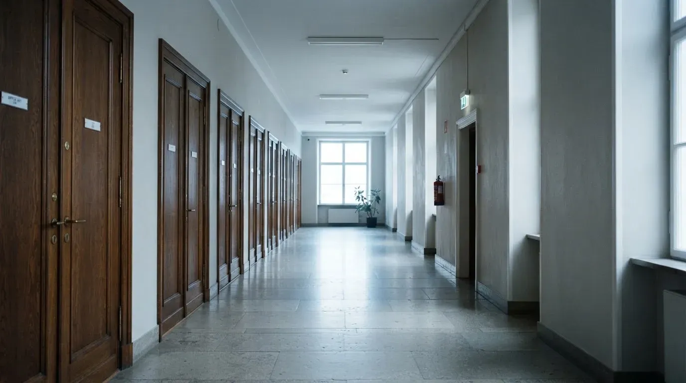 Ein langer, leerer Flur in einem Verwaltungsgebäude mit Holztüren und Steinboden im kühlen Tageslicht.