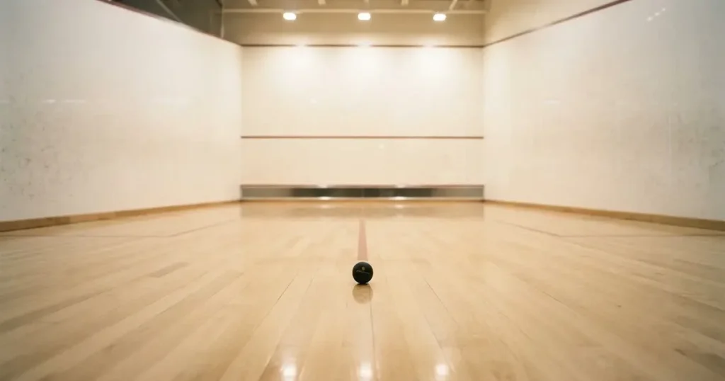 Ein leerer Squashcourt mit weissen Wänden und hellem Holzboden, ein Ball liegt in der Mitte, Deckenlicht spiegelt sich im Parkett.