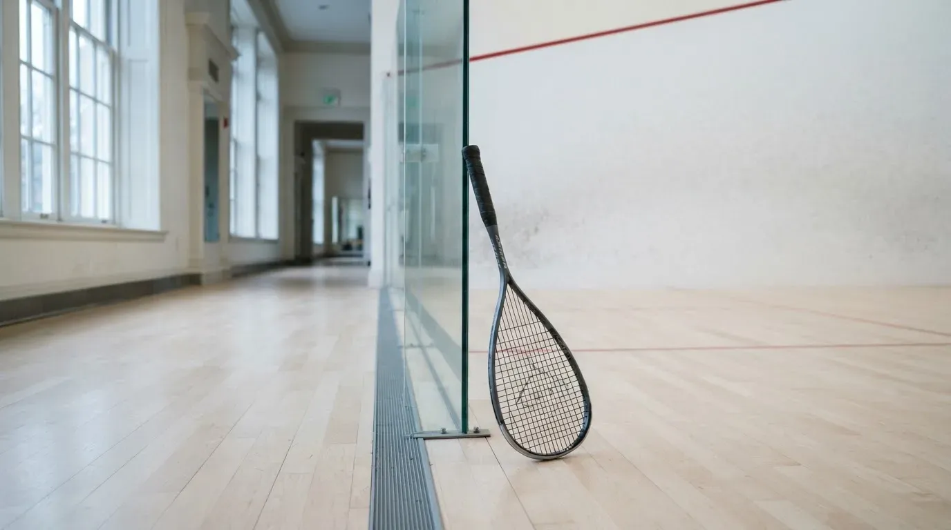 Ein Squashschläger lehnt an der Glaswand eines leeren Courts, draussen fällt Tageslicht in den Gang.