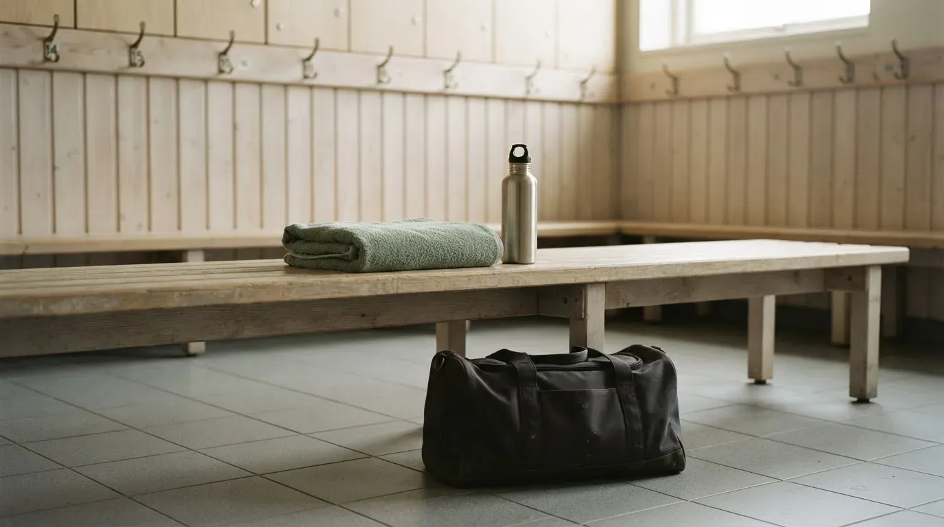 Ein Frottiertuch und eine Trinkflasche liegen auf einer Bank neben einer Sporttasche in einer ruhigen Garderobe.