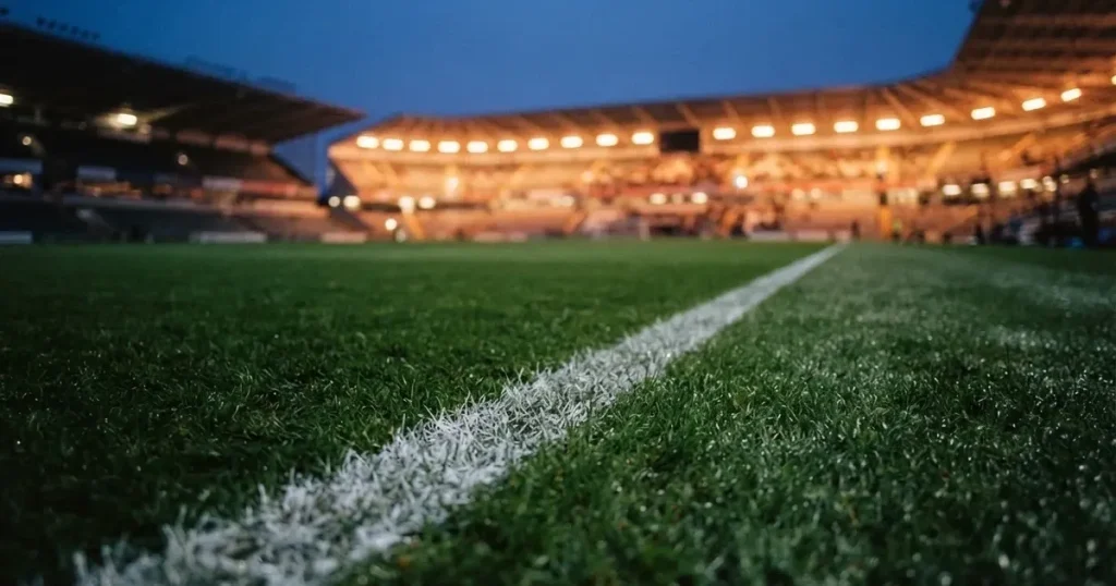 Eine Seitenlinie aus weisser Kreide auf dem Rasen in der Dämmerung, in der Ferne ragt eine hell beleuchtete Stadionschüssel auf.
