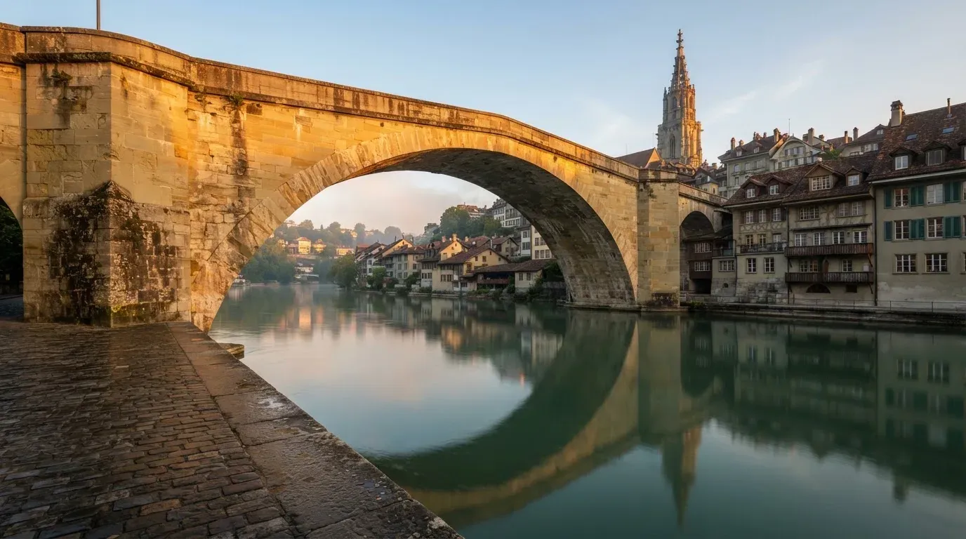 Ein steinerner Brückenbogen über einem Fluss in einer Schweizer Altstadt im ersten Morgenlicht.