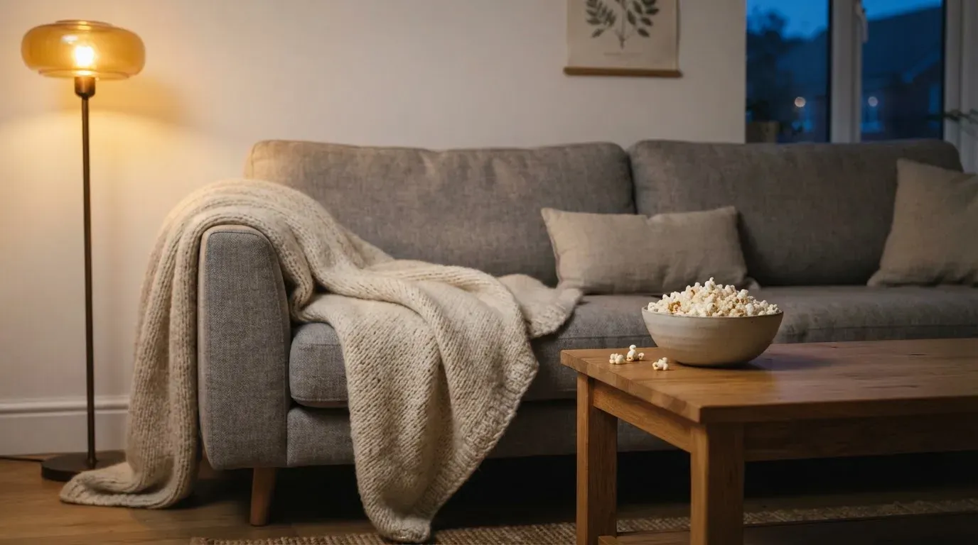 Ein Sofa mit Wolldecke und eine Schale Popcorn auf dem Couchtisch in einem Wohnzimmer bei Lampenlicht am späten Abend.