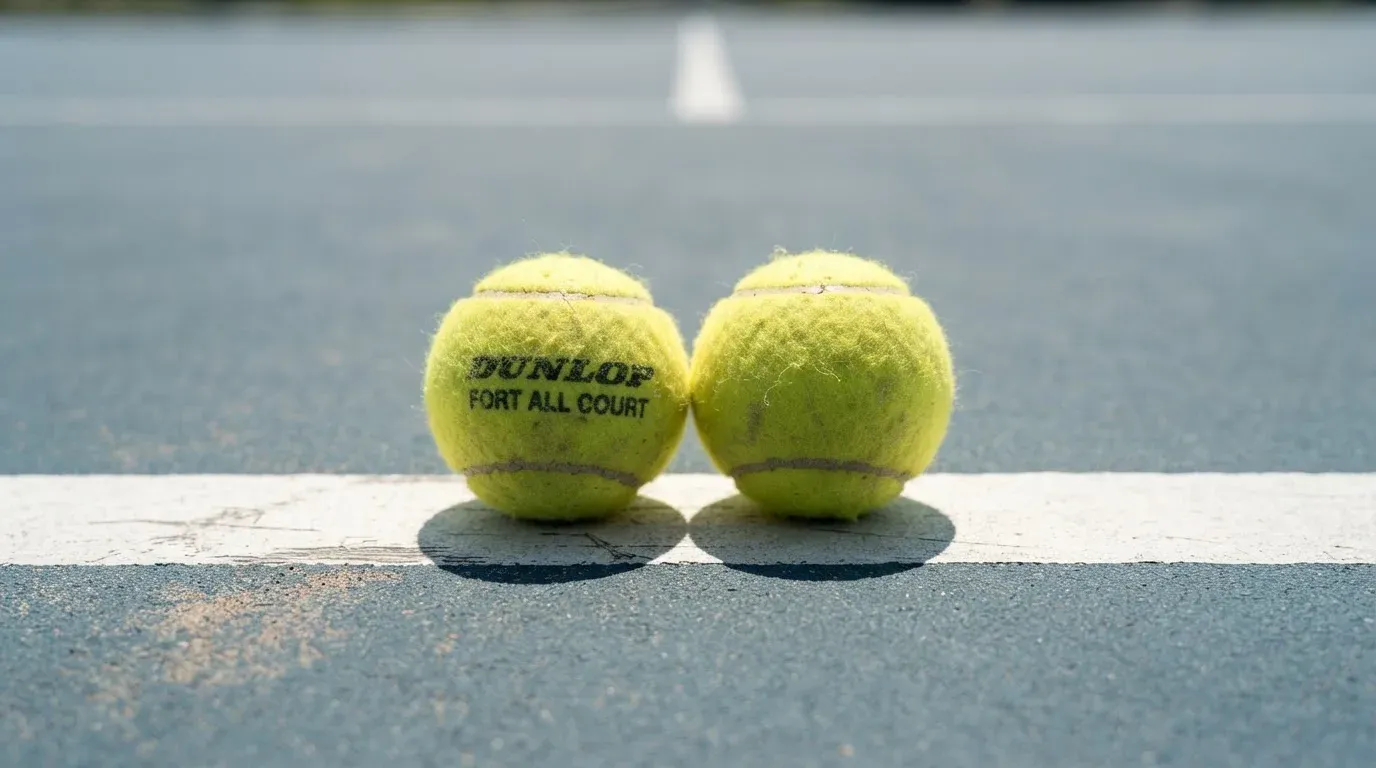 Zwei Tennisbälle liegen auf der weissen Grundlinie eines Hartplatzes im grellen Sonnenlicht.