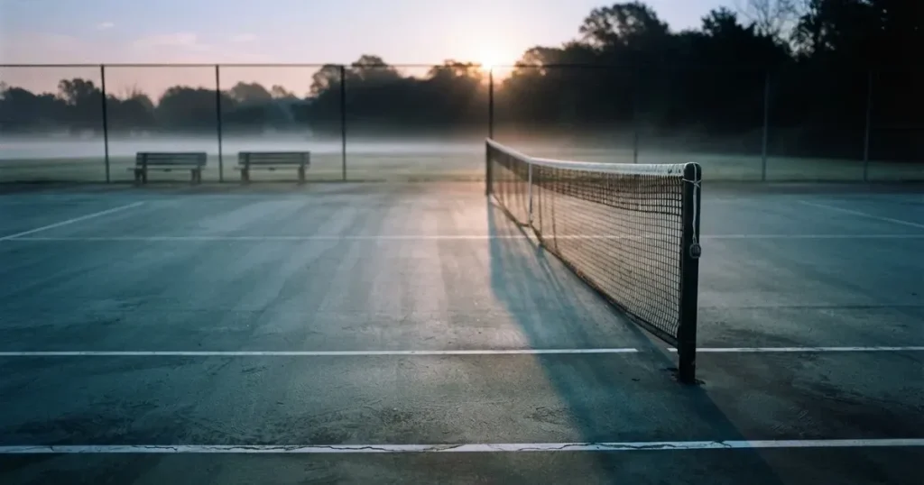 Ein leerer Tennisplatz im Morgengrauen, der Netzschatten fällt lang über den Platz, über der Grundlinie liegt leichter Nebel.