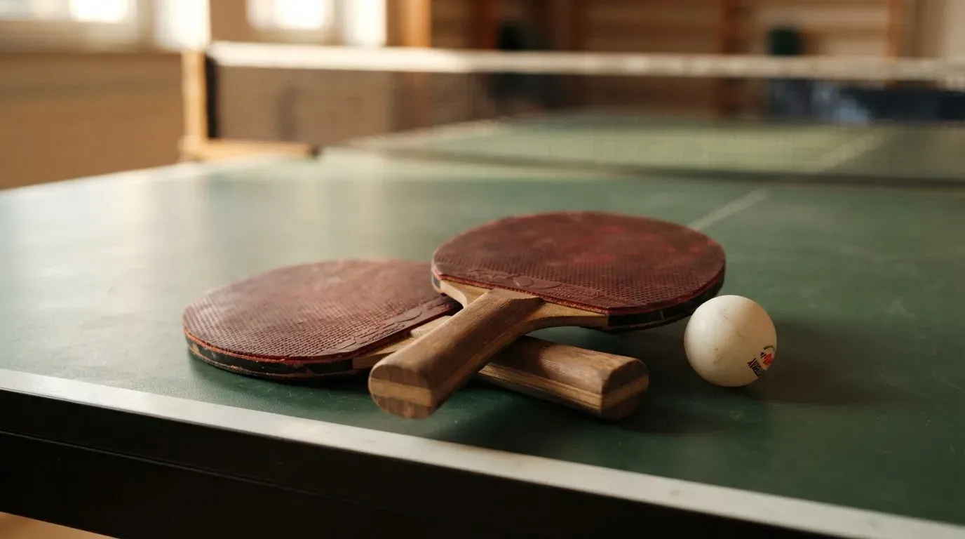 Zwei Tischtennisschläger liegen gekreuzt am Rand einer Platte, daneben ein kleiner weisser Ball.