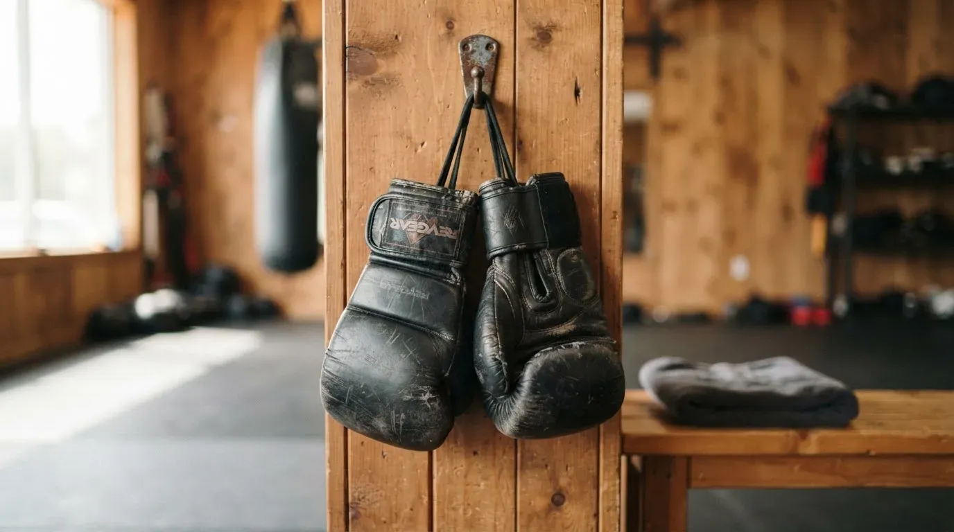 Ein Paar abgegriffener Kampfsporthandschuhe hängt an einem Haken in einem Trainingsraum.