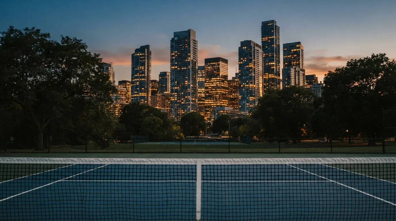 Die Hochhäuser einer Grossstadt in der Dämmerung, gesehen von einem Park, im Vordergrund ein gespanntes Tennisnetz.
