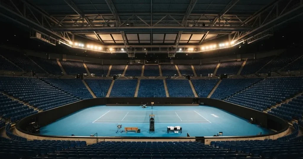 Ein hohes Tennisstadion mit geschlossenem Dach, von innen beleuchtet, leere Sitzreihen umschliessen den blauen Hartplatz.