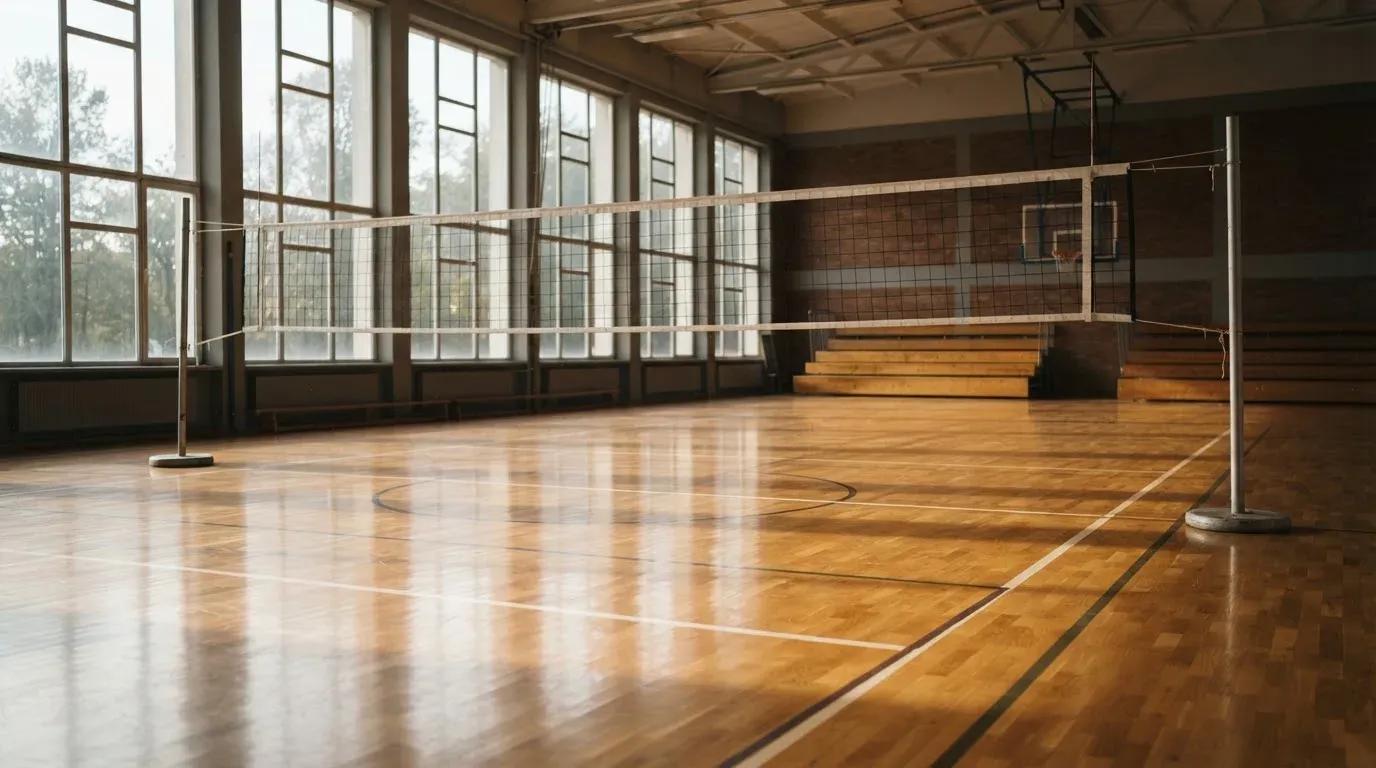 Eine Sporthalle mit gespanntem Volleyballnetz über poliertem Holzboden, hohe Fenster lassen Tageslicht herein.
