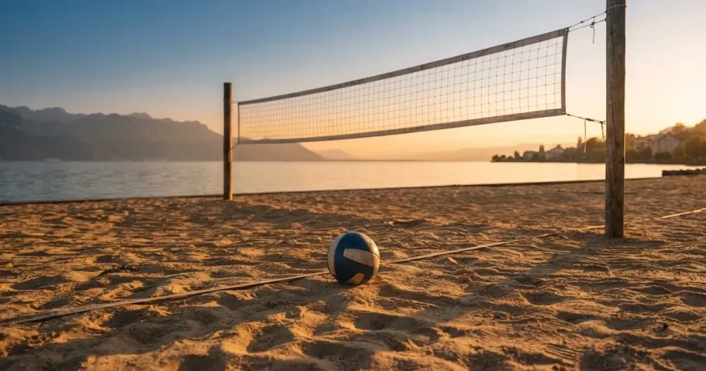 Ein Volleyball liegt im Sand eines Beachplatzes, zwischen zwei Pfosten ist ein Netz gespannt, tiefe Abendsonne wirft lange Schatten.