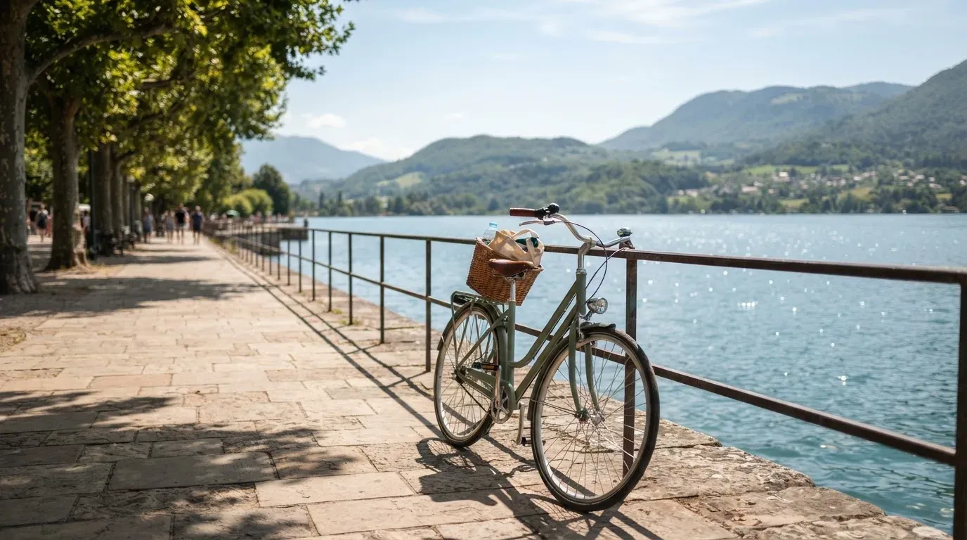 Ein Fahrrad lehnt an einem Geländer einer Uferpromenade an einem See im Sonnenlicht.