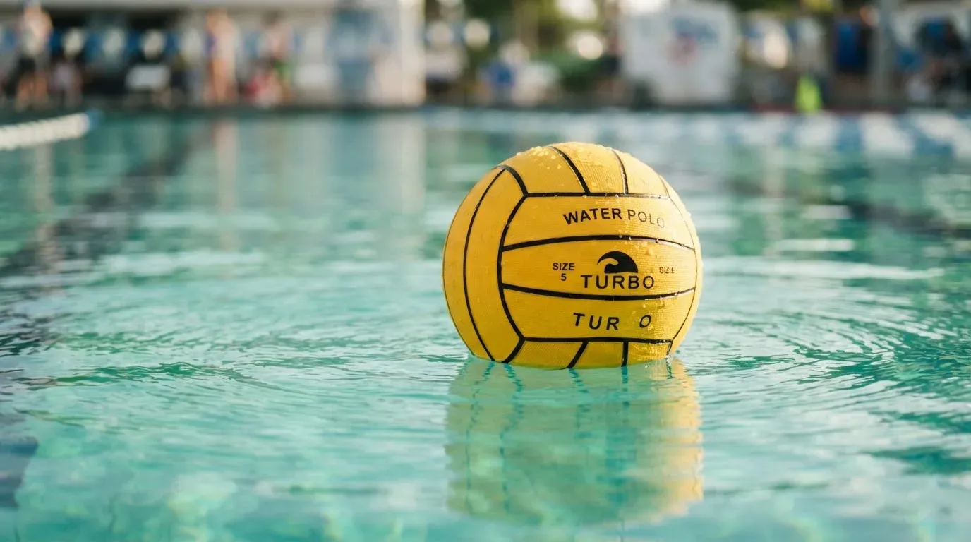 Ein gelber Ball treibt auf ruhigem türkisfarbenem Beckenwasser, feine Wellen im weichen Licht.