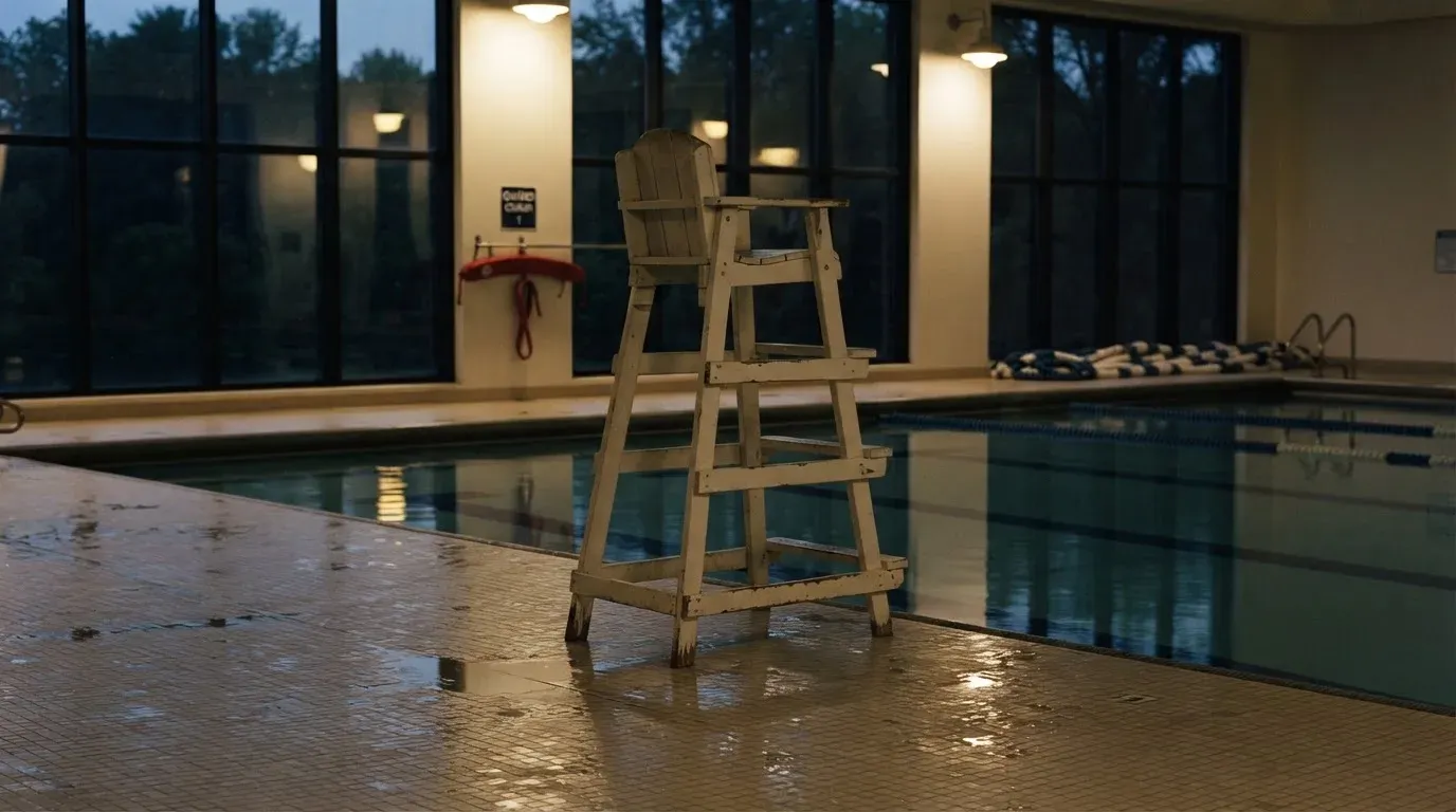 Ein Bademeisterstuhl neben einem Hallenbad zur Schliesszeit, gedimmtes Licht, glatte Wasseroberfläche.