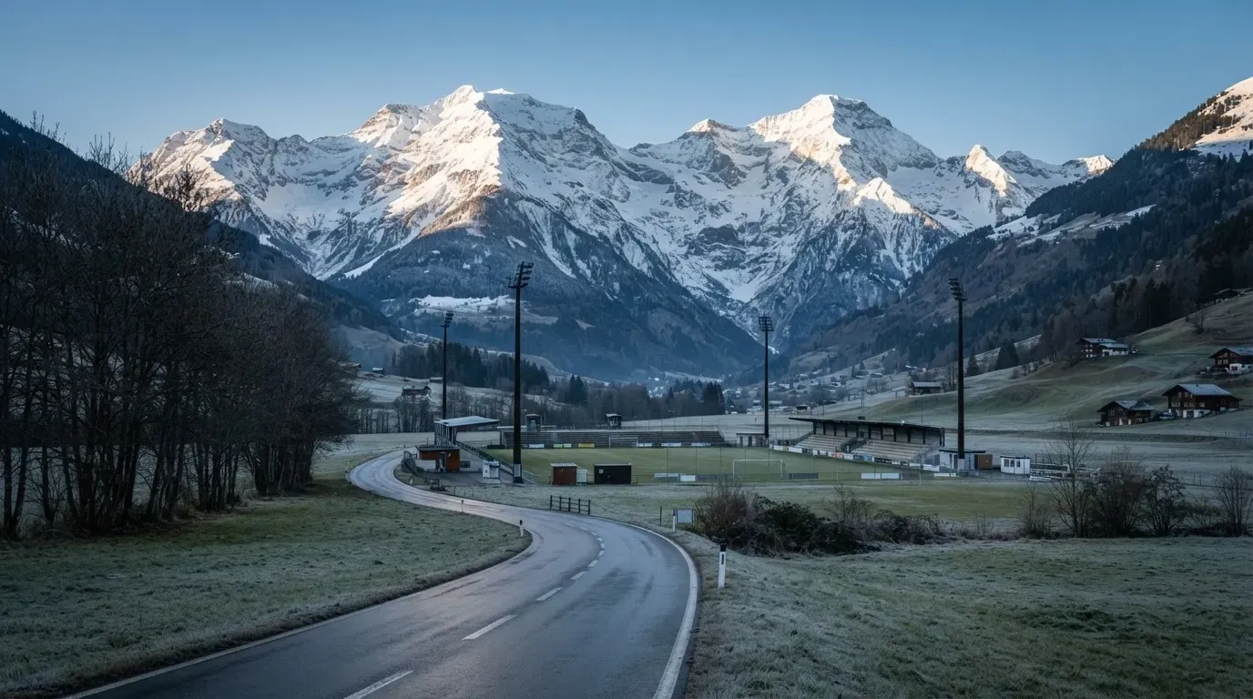 Schneebedeckte Berge erheben sich hinter einem Fussballstadion in einem Schweizer Tal, davor liegt eine leere Strasse im Morgenlicht.