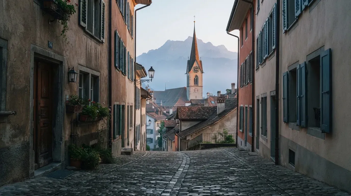 Eine ruhige Gasse in einer Schweizer Altstadt mit Kopfsteinpflaster am frühen Morgen, im Hintergrund ein Kirchturm und Berge im Dunst.