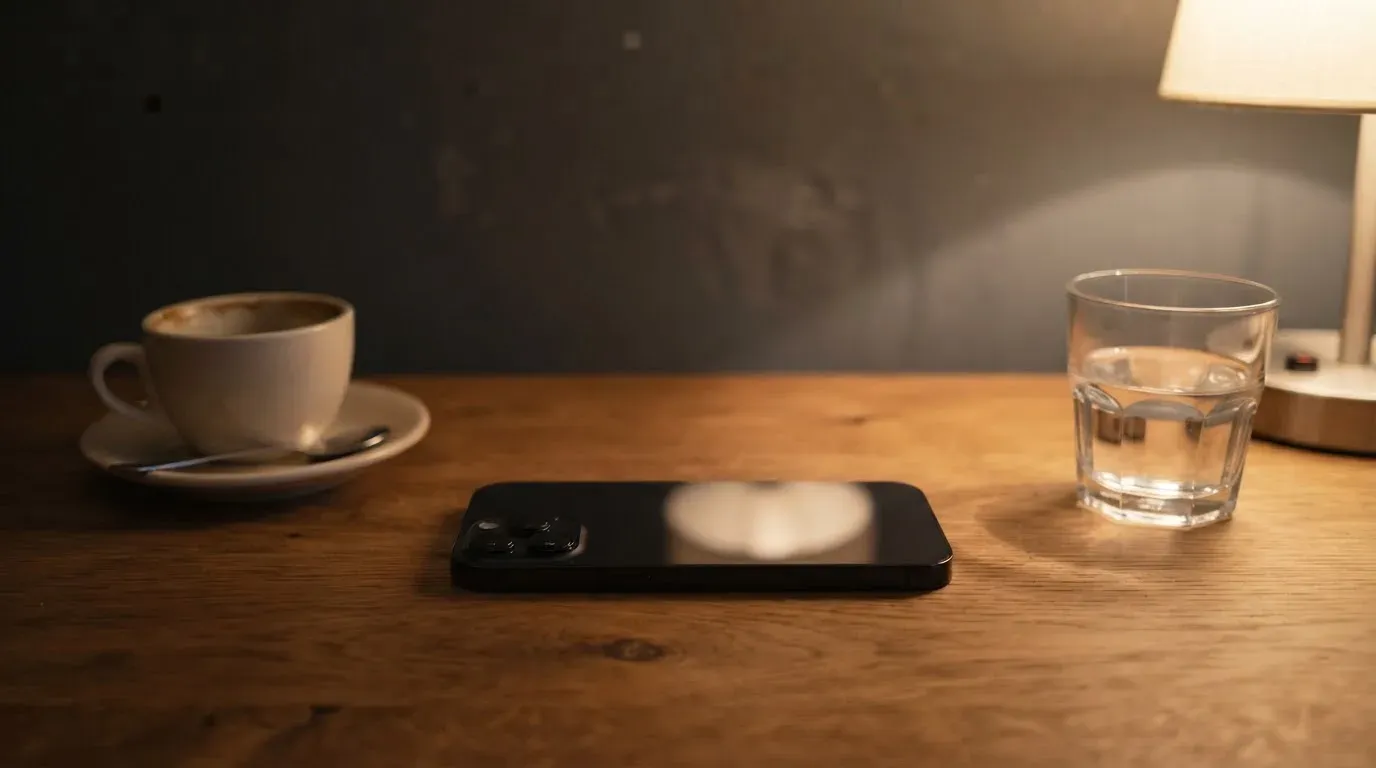 Ein Smartphone mit dunklem Display liegt neben einer Kaffeetasse und einem Glas Wasser auf einem Holztisch im Licht einer Lampe.