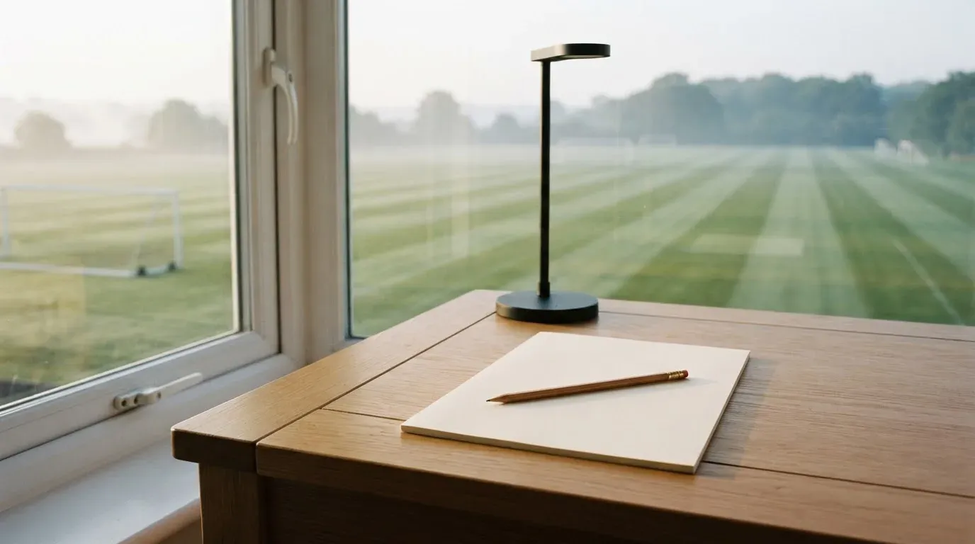 Ein Schreibtisch am Fenster mit Schreibtischlampe, Bleistift und leerem Block, draussen liegt ein Fussballplatz im Dunst.